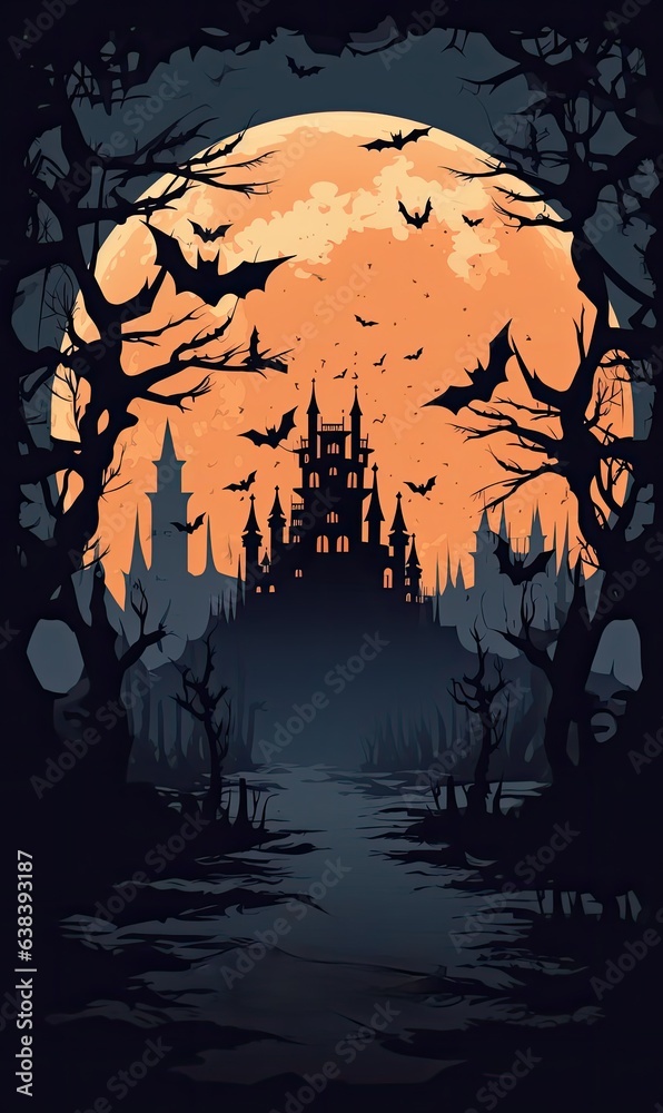 Castle on the hill. On the background there is an orange moon, bats and silhouettes of trees. The concept of the Halloween holiday. Invitation, banner, advertising poster