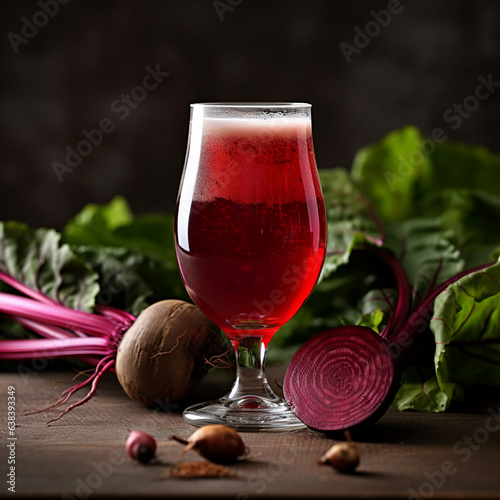 Beer and beets on a wooden table. A glass of red ale from beetroot beer on the table. Full snifter glass of dark ale.