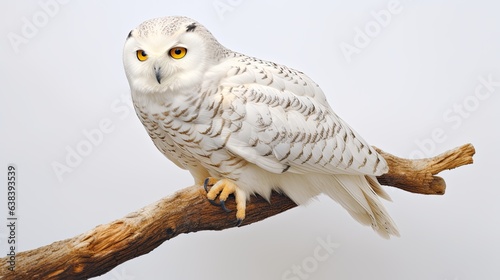 Solitary snow owl photo realistic illustration - Generative AI. © Mariia