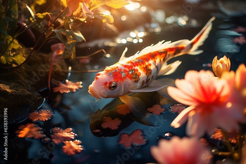 Koi Fish Swimming in a Pond Illuminated by The Soft Light of a Sunrise, Evoking a Sense of Calm, Generative AI