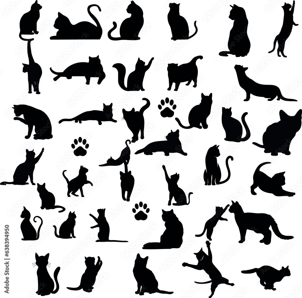 Ilustração vetorial elegante de uma coleção de silhuetas de gatos em um fundo branco. Perfeito para amantes de animais de estimação, amantes de animais e projetos de design.