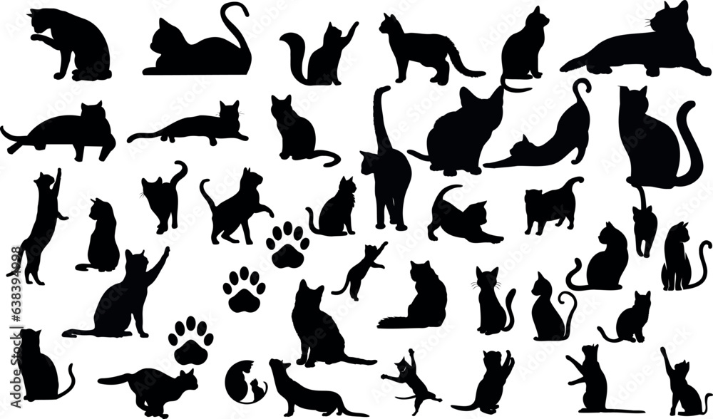 Stylish vector illustration of a collection of cat silhouettes on a white background. Perfect for pet lovers, animal lovers, and design projects.