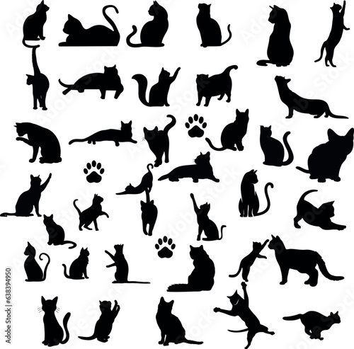 Fototapeta Naklejka Na Ścianę i Meble -  Ilustração vetorial elegante de uma coleção de silhuetas de gatos em um fundo branco. Perfeito para amantes de animais de estimação, amantes de animais e projetos de design.