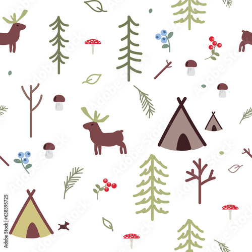 Vector seamless pattern, deer in the forest