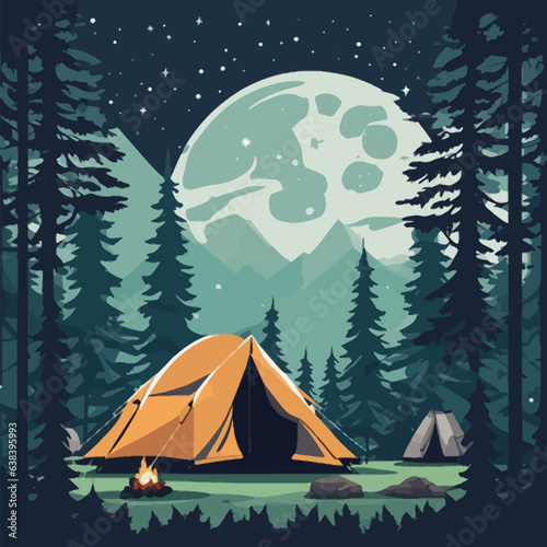 camping in the forest under the moon and stars tent in the woods vector illustration