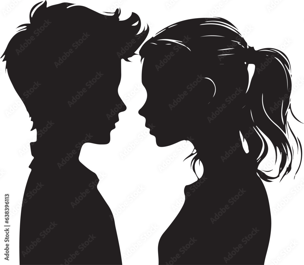 head silhouette profile of a pensive young man and woman opposite each other teenage boy and girl
