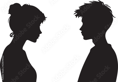 head silhouette profile of a pensive young man and woman opposite each other teenage boy and girl