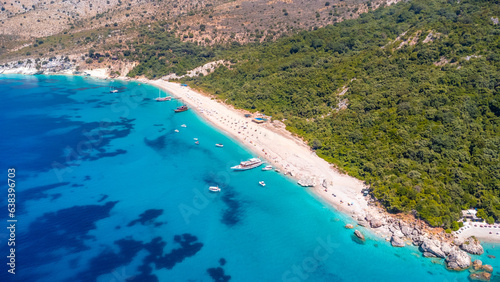  Aerial drone view of the paradise beach of Kroreza or Krorez on the Albanian riviera in Sarande, Albania. turquoise waters