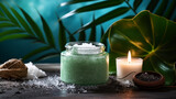 Generative AI, glass jar with salt scrub for body and face skin, spa procedures, beauty salon, green palm leaf, aromatherapy, harmony, massage, cosmetology products, space for text