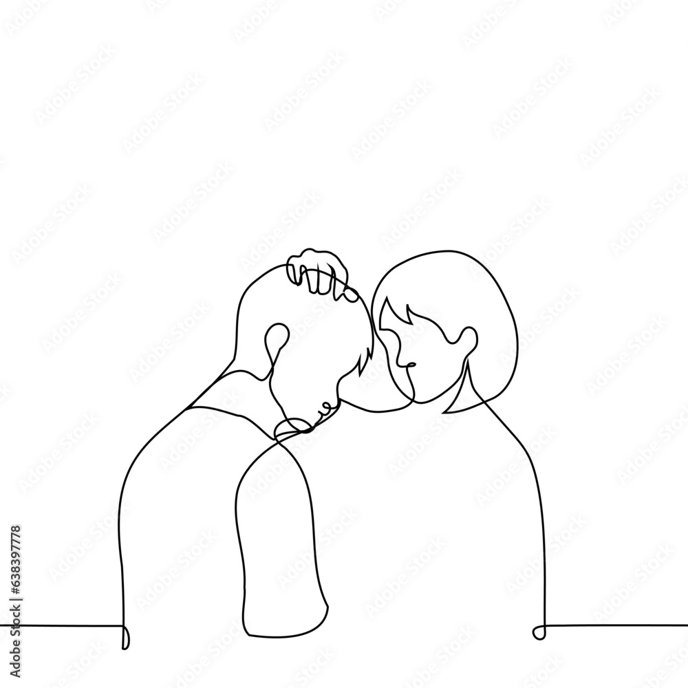 woman stroking the head of a man with his head down - one line art vector. concept to comfort, console, caress