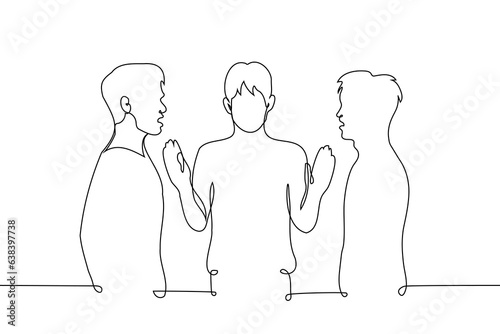 men aggressive arguing standing opposite each other and between them a man trying to stop them - one line art vector. concept of gay men swearing because of man, junior separate brothers