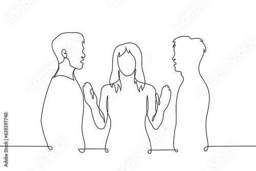 men aggressive or zealously arguing standing opposite each other and between them a woman trying to stop them - one line art vector. concept of men swearing because of woman, sister separate brothers