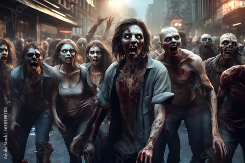 Zombie horde. Zombie apocalypse scene. Generative Ai photo
