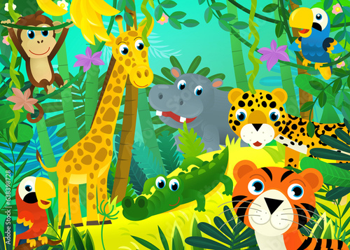 Fototapeta Naklejka Na Ścianę i Meble -  cartoon scene with jungle and animals being together with tiger illustration for children