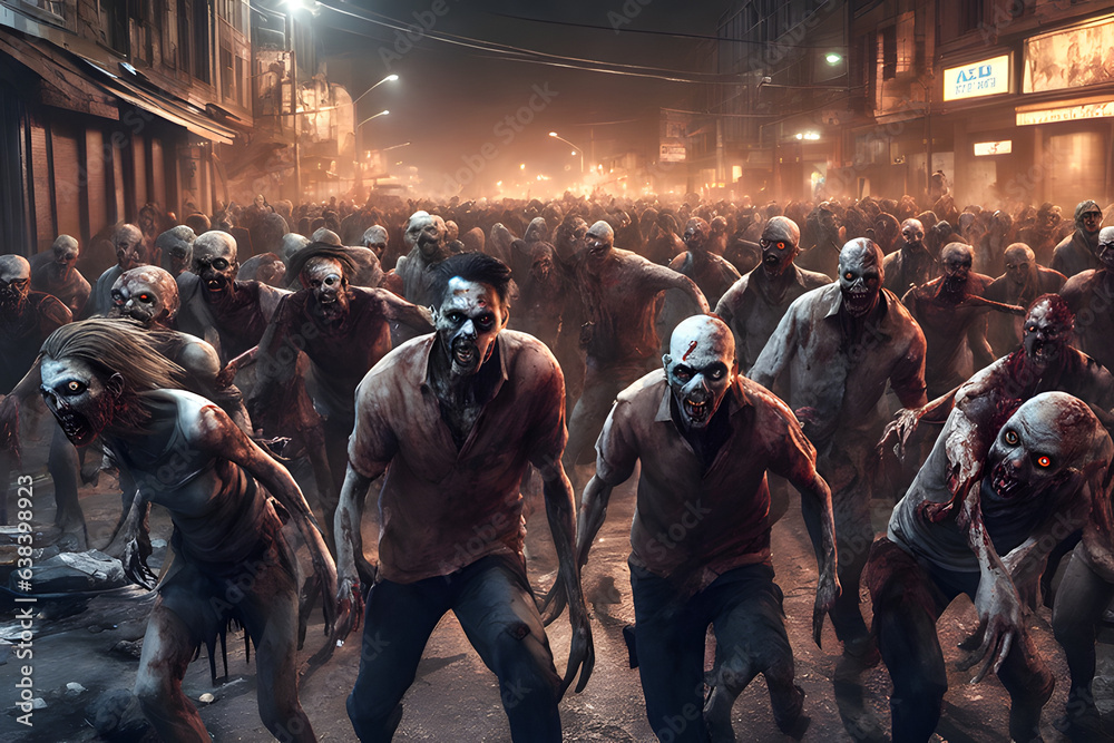 Zombie horde. Zombie apocalypse scene. Generative Ai Zombie horde. Zombie apocalypse scene. Generative Ai