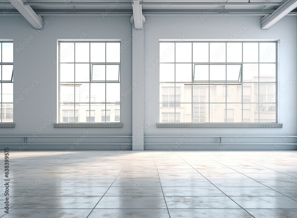 Fototapeta premium White empty room with big windows and wooden floor. Loft interior mock up. Home or office blank space. high quality image.