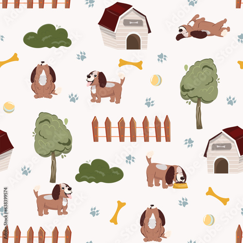 Seamless vector pattern with dog in diverse poses outdoor. Cute dog pattern. .