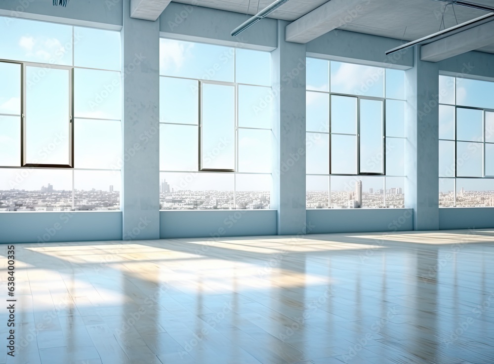 Fototapeta premium White empty room with big windows and wooden floor. Loft interior mock up. Home or office blank space. high quality image.