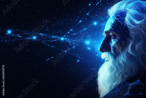 Realistic Santa Claus with blue neural connect dots lines. Generative Ai.