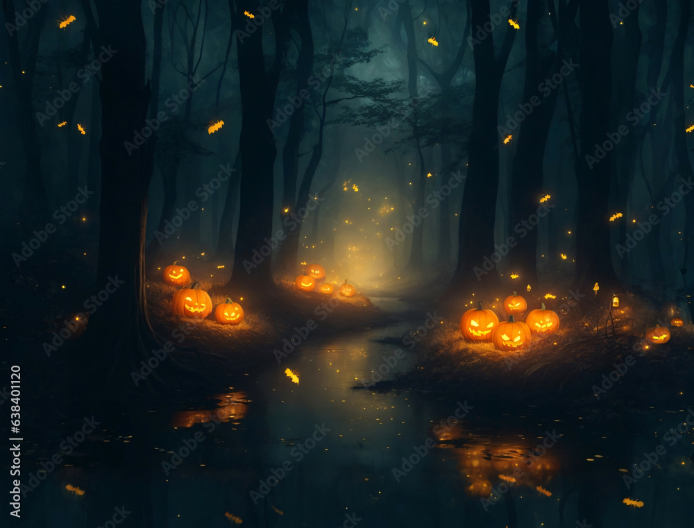 Small halloween pumpkins glowing in the forest at night.