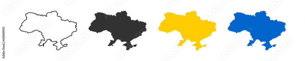 Ukraine icon. Ukrainian map signs. The geographic contour of Ukraine's country symbol. Crimea region symbols. Kyiv area icons. Black, blue, and yellow color. Vector isolated sign.