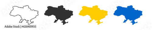 Ukraine icon. Ukrainian map signs. The geographic contour of Ukraine's country symbol. Crimea region symbols. Kyiv area icons. Black, blue, and yellow color. Vector isolated sign.