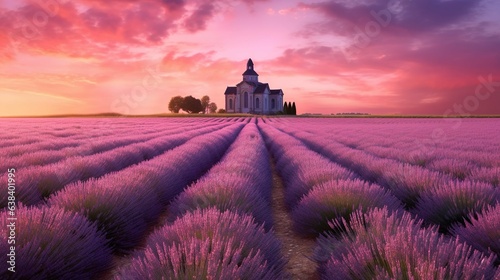 Small castle in a lavender field at sunset