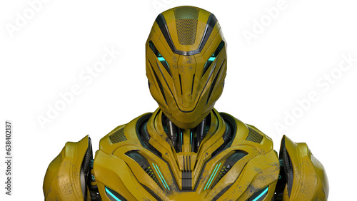 Closeup view of detailed robot or futuristic cyborg face. Front view isolated on transparent background. 3d rendering