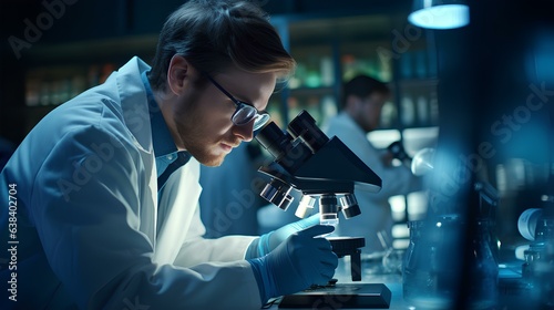 A man in a white coat, a laboratory assistant, a scientist or a doctor looks through a microscope. photo