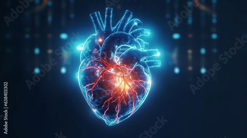 Human heart, Polygonal technology heart, background. Low poly blue, health concept, Generative ai photo