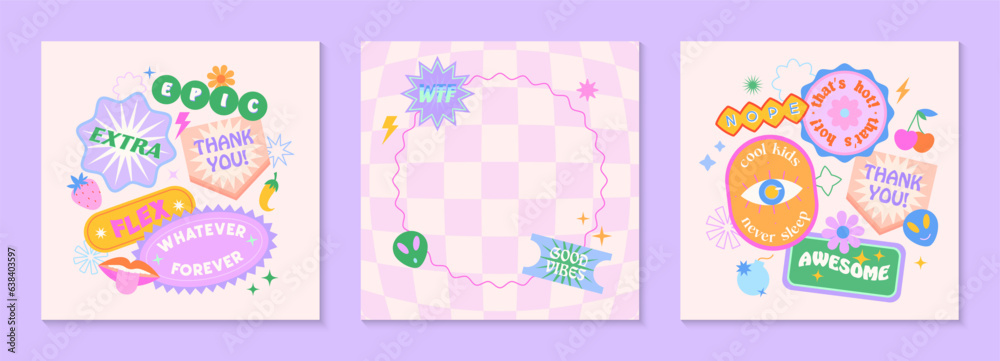 Vector templates with patches and stickers in 90s style.Modern emblems in y2k aesthetic with chess background.Trendy funky designs for banners,social media marketing,branding,packaging,covers Vector templates with patches and stickers in 90s style.Modern emblems in y2k aesthetic with chess background.Trendy funky designs for banners,social media marketing,branding,packaging,covers