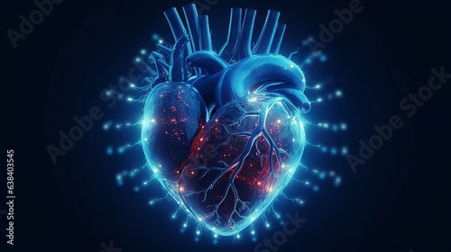 Human heart  Polygonal technology heart  background. Low poly blue  health concept  Generative ai