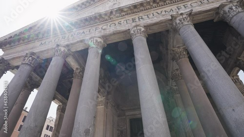 Pan of the Pantheon facade, a former Roman temple, and since AD 609, a Catholic Church in Rome, Italy.