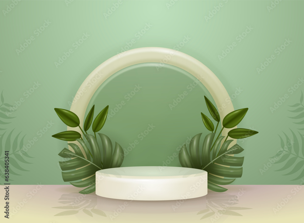 Product podium with natural foliage, with green background objects. Suitable for cosmetic products
