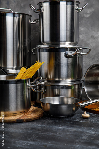 pots and pans in the kitchen, on a gray background