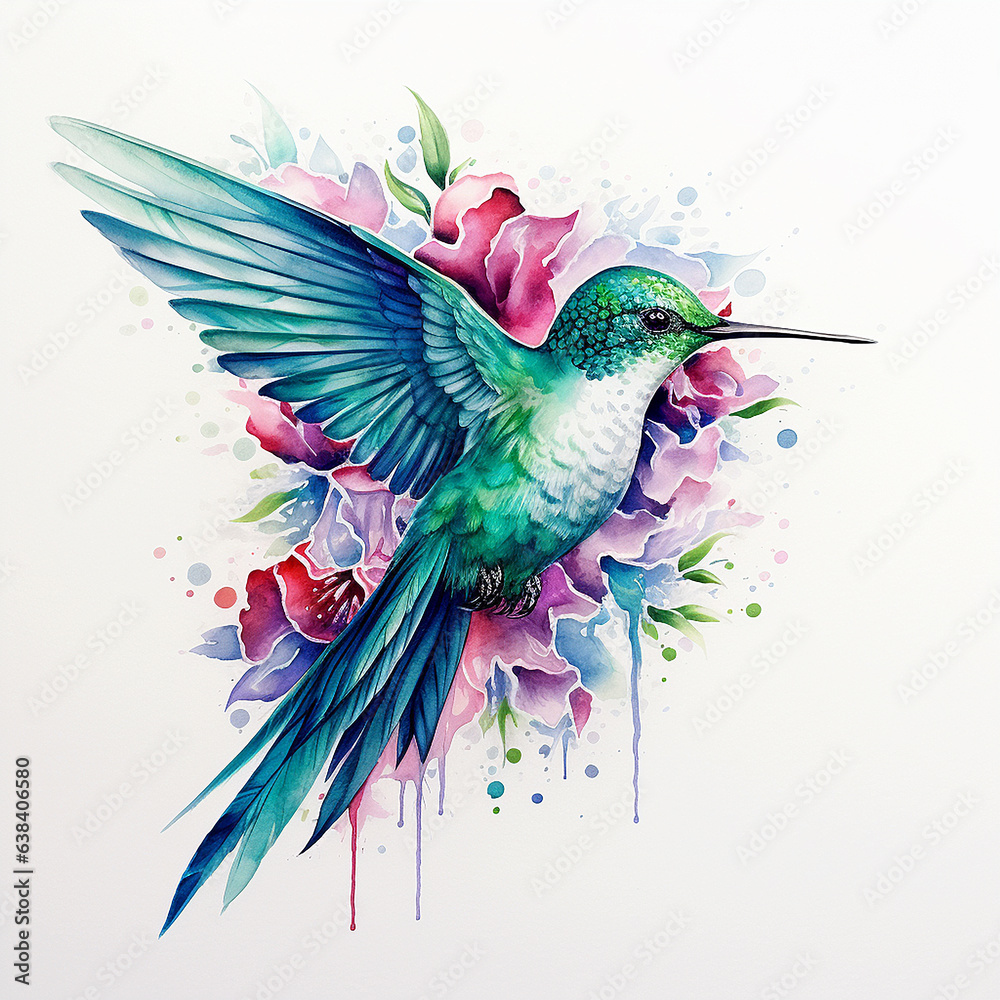 Obraz premium Beautiful hummingbird with flowers. watercolor painting. vector illustration. Hummingbird with floral ornament on a white background. vector illustration.