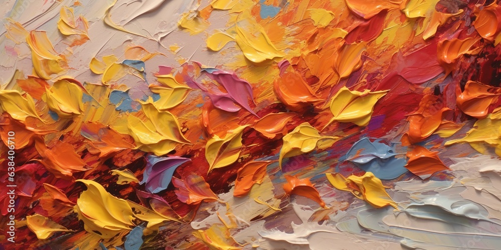 Generative AI, Closeup of impasto abstract rough autumn colors art painting texture, orange fall background Generative AI, Closeup of impasto abstract rough autumn colors art painting texture, orange fall background
