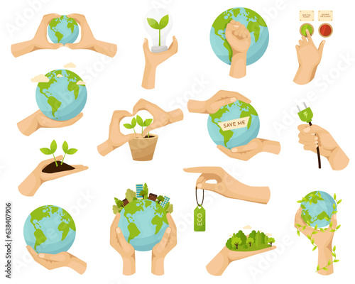 Save planet hands. Cartoon human hands hold different ecological symbols and elements, environment protection signs. Protection with Hand Taking Care of Green Planet Vector Set