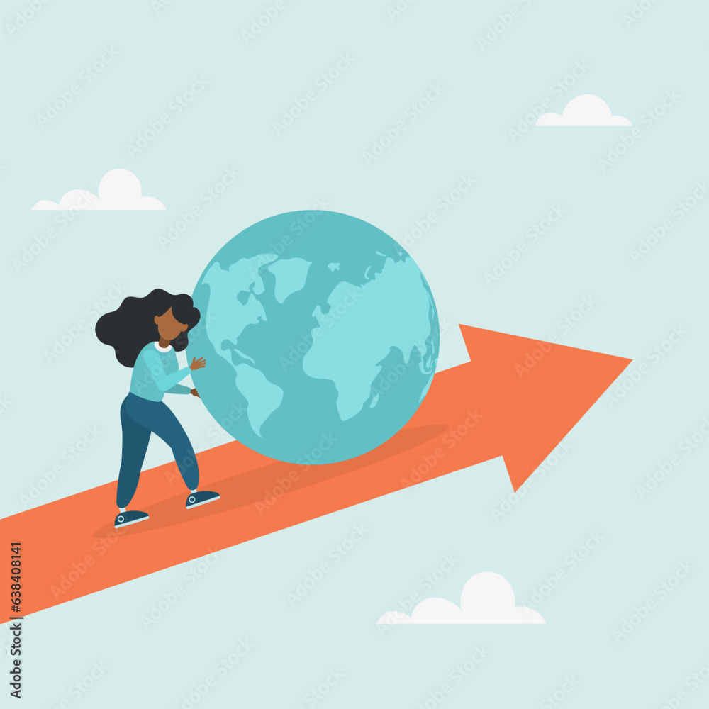 Businesswoman pushes the world up on the chart. Business concept. Vector flat style illustration.
