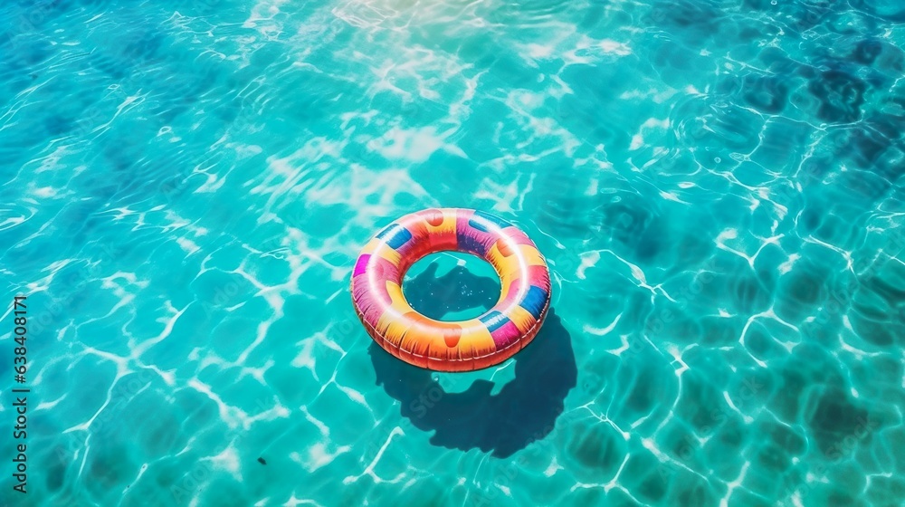 Inflatable ring in the blue pool, summer vacation