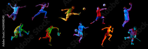 Collage. Sportive people, men, women, runner, football, tennis, basketball, hockey, volleyball players isolated on black background. Professional sport, game and competition concept. Banner and poster