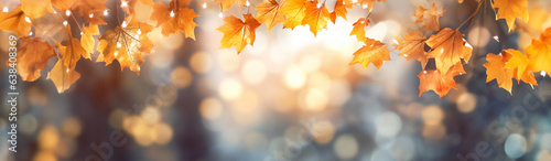 Herbstblätter Gelb und Orange im Gegenlicht Nahaufnahme im Querformat als Banner, ai generativ