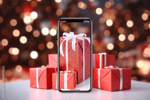 Online application for buying Christmas gifts. Online shopping concept. Christmas gifts on the smartphone screen. Online Christmas sales concept. photo