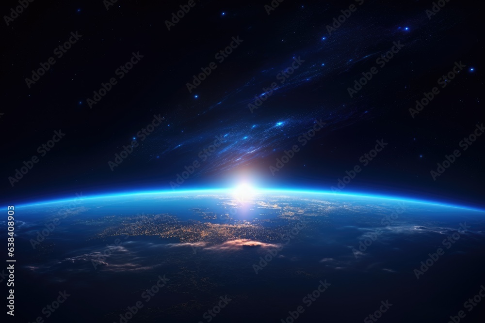  breathtaking beauty of a blue sunrise as seen from space. It's a unique moment where you can immerse yourself in the splendor of our planet and the mysteries of the universe.  Generative AI