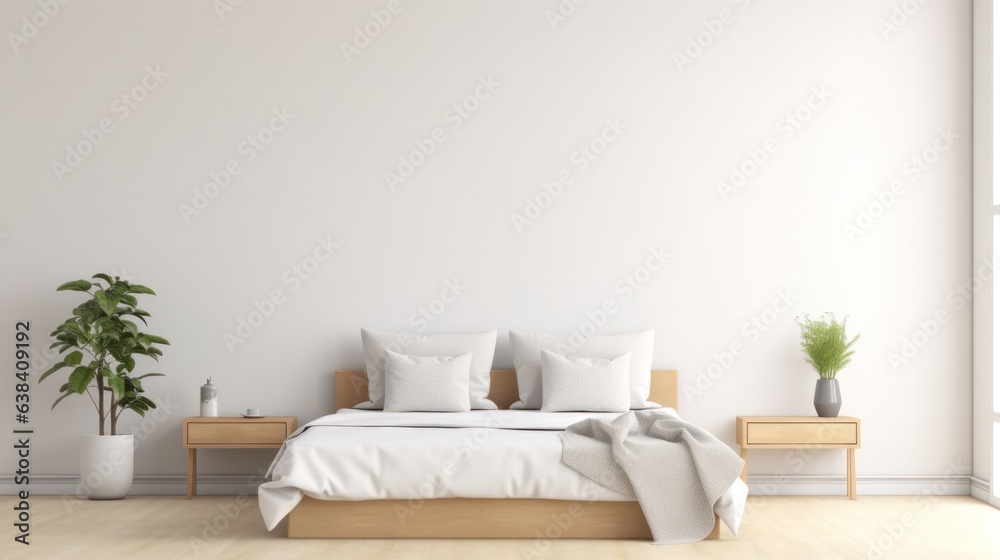 minimalist modern bedroom interior with morning light background, empty wall mockup frame minimalist modern bedroom interior with morning light background, empty wall mockup frame