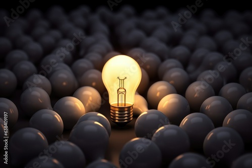 The image showcases an illuminated light bulb among the rest of the unlit bulbs. This light bulb symbolizes big ideas and creativity, garnering attention.

 Generative AI photo