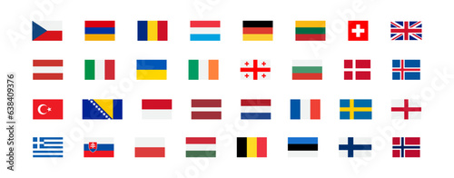 European flags icon. Europe countries set signs. Nation symbol. Banner of France, Germany, Austria, and other symbols. Square form icons. Vector isolated sign.
