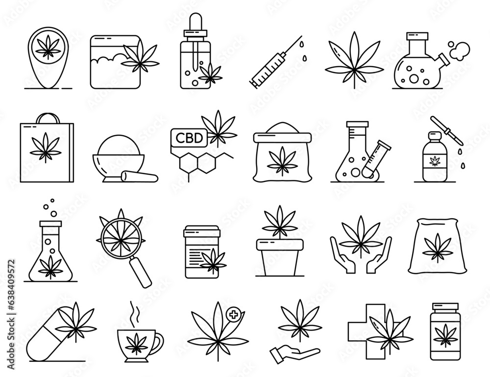 Naklejka premium Medical marijuana. Cannabis related line icon set. Cannabidiol linear icons. Marijuanas outline vector signs and symbols. Vector illustration EPS10