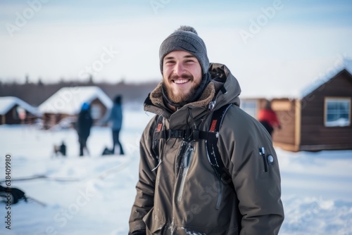 Handsome man with a beard on the background of a winter landscape