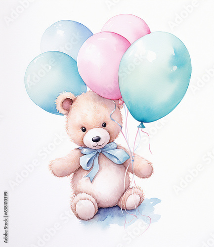 Cute teddy bear with colorful balloons. watercolor illustration. Teddy bear with colorful balloons isolated on white background. watercolor illustration.